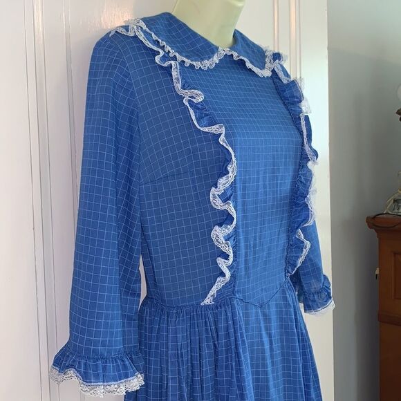 Vtg blue checked handmade Prairie Core dress - Picture 4 of 11